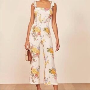 Size 6 Reformation Floral Jumpsuit White Pink Yellow Feminine Preppy Tie Straps
